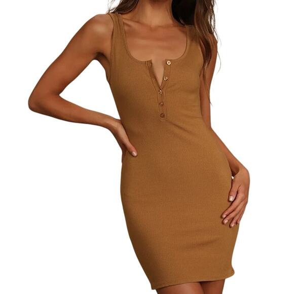 Lulus Shapin' Up Camel Ribbed Bodycon Mini Dress Medium Stretch Curvy Lagenlook - Picture 9 of 9